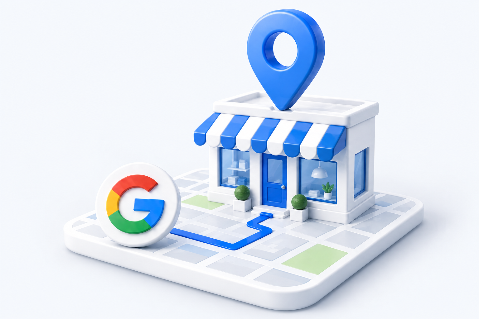 Loja em 3D com marcador de localização, rota no mapa e símbolo do Google.